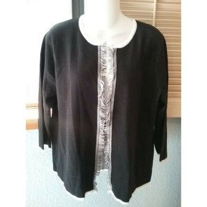 New NWT Foxcroft NYC Open Front Black White Fringe Cardigan $89 Womens M Olivia
